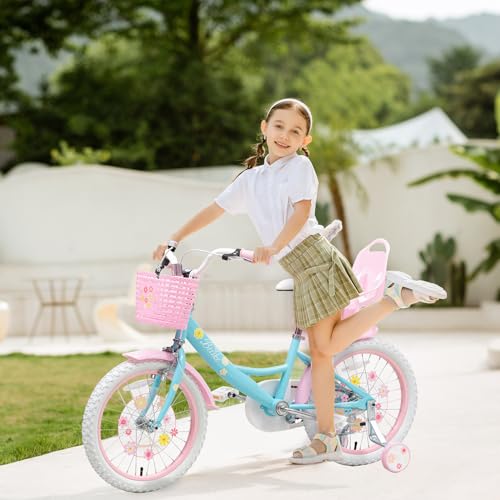Image of Girls Bike with Basket for Toddlers and Kids Aged 3-14 Years Old, 12 14 16 18 Inch with Training Wheels & Doll Seat, 20 Inch with Kickstand & Rear Rack, Princess Style Bicycle for Gift.