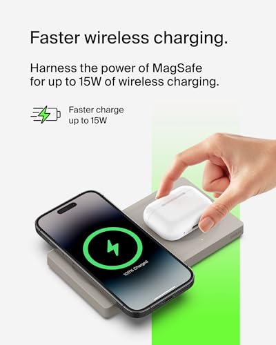 Image of Belkin MagSafe-Compatible 2-in-1 Wireless Charger 15W, Fast Charging Station for iPhone 16, 15, 14, 13 Series, AirPods, and More - Dual Device Charging Pad - Sand | 15W Magsafe for Iphone, 5W Qi Pad for Airpods, 25W Power Supply and 5ft USB-C Cable Included, 2-Year Warranty