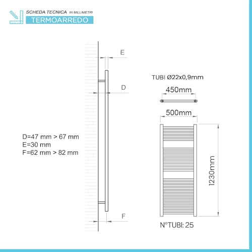 Termoarredo Design Nero Opaco 500X1230 Interasse 450 Mm Include Kit Valvole, Detentore E Raccordi Multistrato - 3