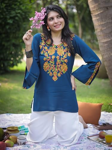 Image of Youthnic Women's Light Green Rayon Yoke Embroidery Straight Short Kurti | Office Wear Kurti | College Wear Kurti | Tunic Top