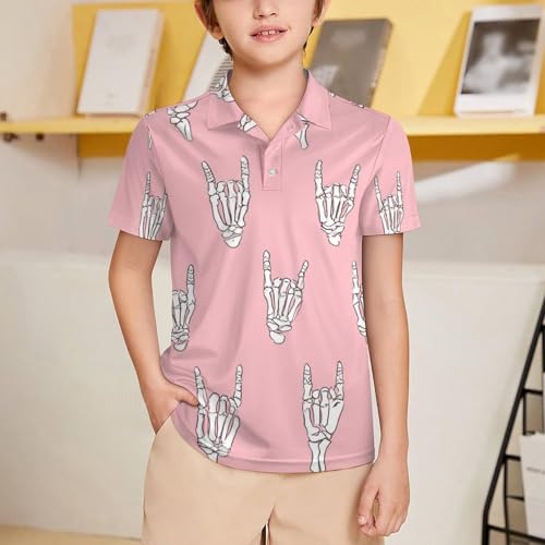 Boys' Classic Polo Shirts Short Sleeve Moisture-Wicking Golf & Tennis Shirts for Youth Teens Cute Pink Gesture2