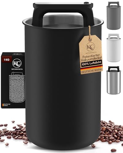 KC Kitchen & Co. Kaffeedose luftdicht für 1 kg Kaffeebohnen – Edelstahl Vorratsdose mit Vakuumdeckel & Aromaverschluss – Aufbewahrungsdose für Kaffee, Tee, Zucker, Müsli Schwarz Matt (2800 ml)
