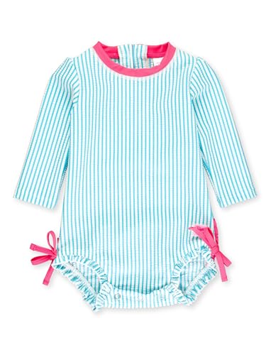 RuffleButts Baby/Toddler Girls Seersucker Long Sleeve One Piece Rash Guard Swimsuit with UPF 50+ Sun Protection