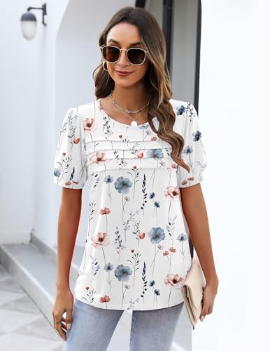 Zeagoo Womens Short Sleeve Tops Floral Boho Shirts Pleated Crewneck Summer Outfit Puff Sleeve Blouses Casual Tunic3