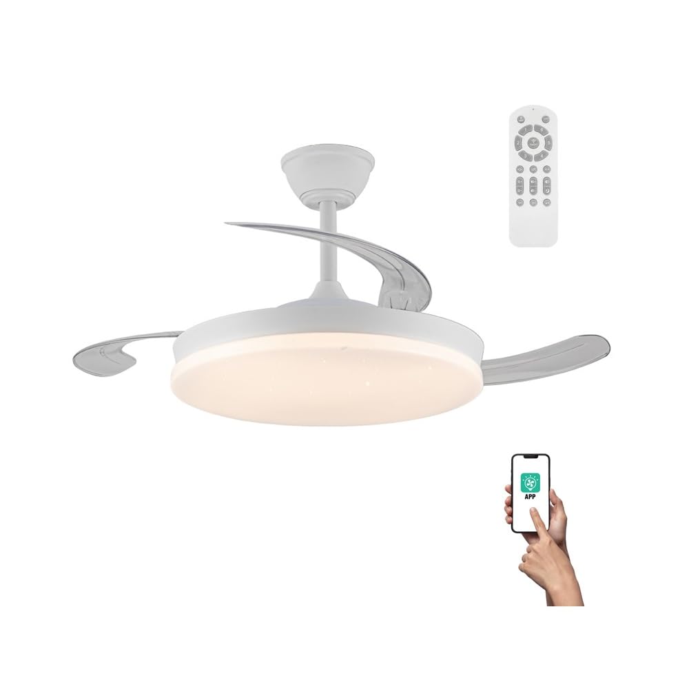 Ventilador LED aspas plegables Covery Evo Led 72W con Memoria de encendido, APP, Mando a distancia CCT 3000-4000-6000K, Intensidad Regulable, Silencioso. Efecto brillo estrellas
