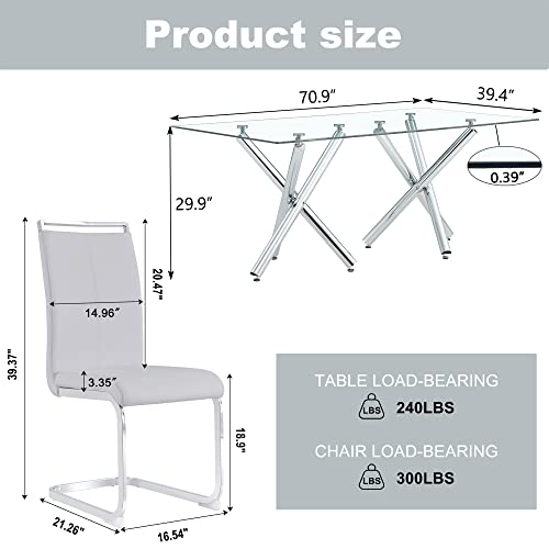 Azmac Glass Dining Table Set For 8, 71 Inch Dining Room Table Set, Large Modern Rectangle Dinner Tempered Glass Table With 8 Pu Leather Dining Chairs (Light Grey, 1 Table + 8 Chairs) #TOP5