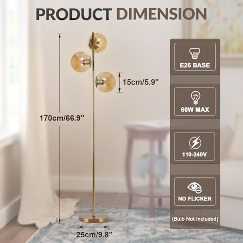 Image of BOKT Modern Brushed Brass Floor Lamp Corner 3-Light Standing Lamp with Amber Glass Globe Shade Adjustable Height Office Tall Standing Light Vintage for Living Room Bedroom Home Decor