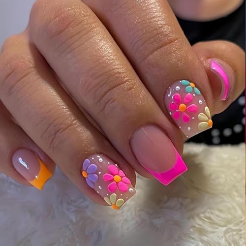Press on Nails Flower Short Square Fake Nails 5D Embossed with Da...