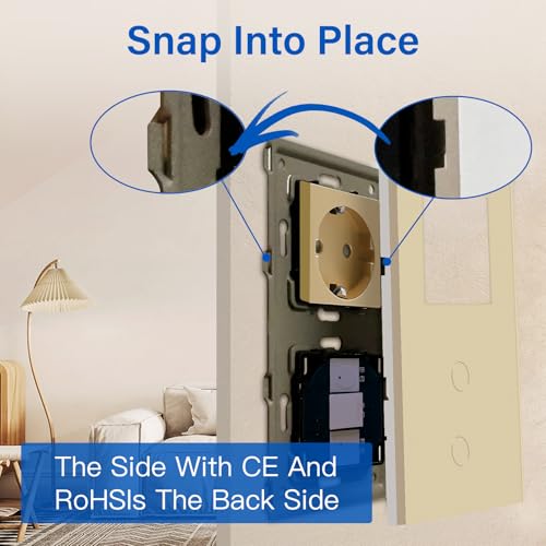 BSEED Steckdose mit Lichtschalter,Glas Touch Lichtschalter Unterputz Schalter,Schuko Steckdose mit 2 Fach 1 Wege Wandschalter Gold(Nicht Smart Schalter)