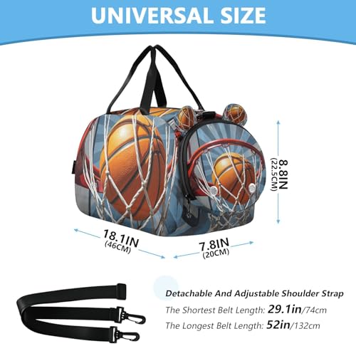 Gym Travel Duffle Bag for Boys Girls Retro Basketball Hoop Sports Dance Bag with Shoe Compartment & Wet Pocket Football Kids Travel Bag Teens Sleepover Carry3