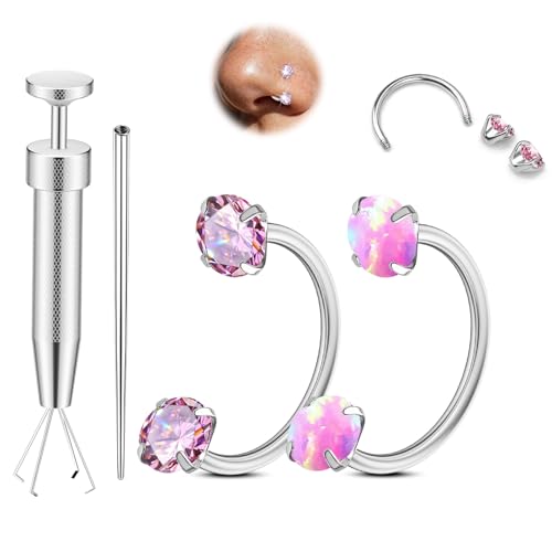 AMASIS Horseshoe Nose Rings Set, Silver Stainless Steel, Pink CZ Opal