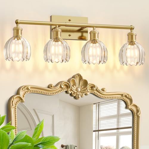 Image of 4 Light 27.2 in Bathroom Vanity Light,Rustic Brass Bathroom Lighting Fixtures Over Mirror, Vintage Vanity Mirror Lights Clear Tulip Glass Wall Sconce for Living Room,Bedroom,Hallway,E26 Base