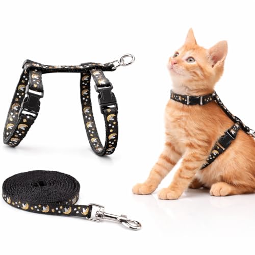 Peitoral e Guia para Gatos Ajustável Anti-Fuga com Estampa de Lua e Estrelas – Arnês Confortável em Nylon para Filhotes e Pequenos Animais, Coleira Peitoral Segura para Passeios Externos (Preto)