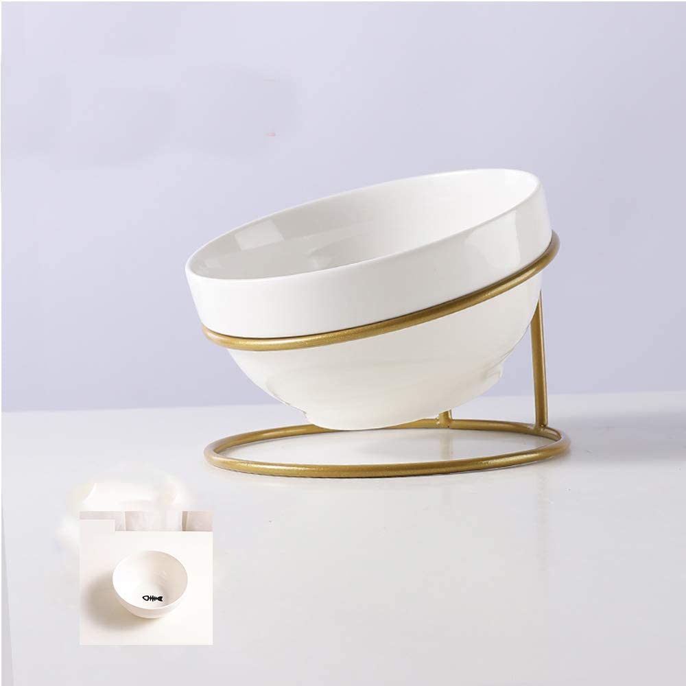 KASTWAVE Elevated Cat Bowl Ceramic Tilted Elevated Raised Pet Dish with Metal Stand, Tall Cat Bowls for Food and Water, Anti Vomiting, Dishwasher Safe, Protect dog and cat Spine (Golden)