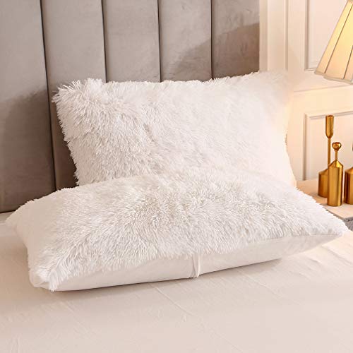 Uhamho Faux Fur Velvet Fluffy Bedding Duvet Cover Set Down Comforter Quilt Cover With Pillow Shams, Ultra Soft Warm And Durable (White, Queen) #TOP2