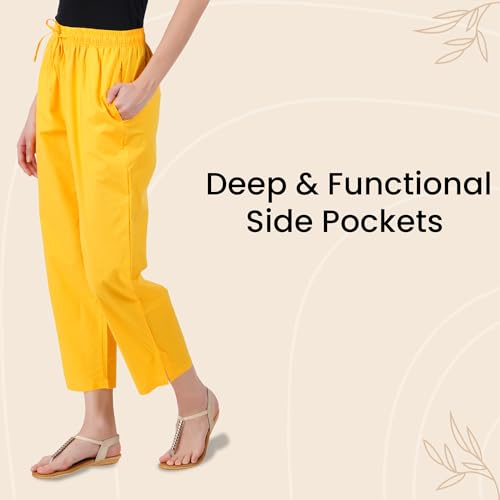 Image of Happy Bunny Parallel Pants for Women 100% Cotton Ankle Length Trousers Regular Fit with Elastic Drawstring Stylish & Pockets Casual Formal Wear for Office & Home