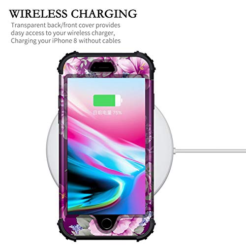 Lontect For Iphone 8 Plus Case, Iphone 7 Plus Case Floral 3 In 1 Heavy Duty Hybrid Sturdy High Impact Shockproof Protective Cover Case For Apple Iphone 8 Plus/Iphone 7 Plus, Black/Purple Flower #TOP5