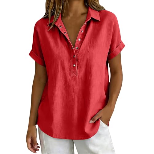 Blue Linen Shirt Women Womens Linen Tops 2026 Summer Gauze Shirts Button Down V Neck Hemp Tunic Blouses Business Office Work Dressy Casual Clothes Beach Vacation Trendy Outfits for Seniors