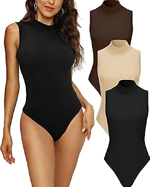 AMAZON - MLYENX 3/4 Pack Bodysuit for Women Mock Turtle Neck Sleeveless Slim Fit Stretchy Basic Top Jumpsuit