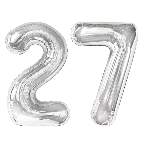 27 Balloon - Silver Birthday Number Balloons, 40 Inch Decorations Men Women