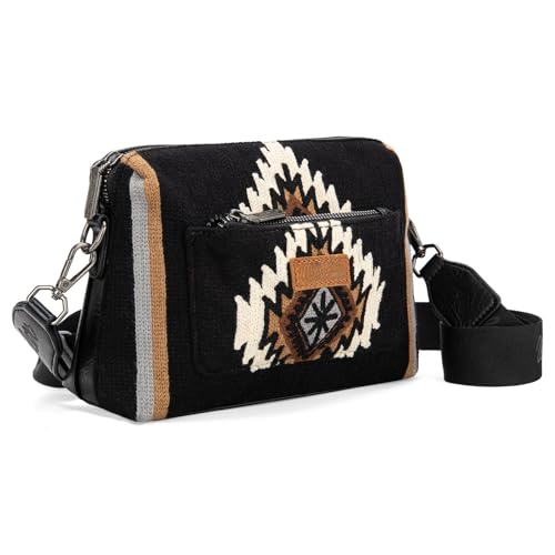 Wrangler Western Aztec Small Crossbody Bags for Women Multi Pocket Over Shoulder Crossbody Purse with Guitar Strap