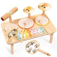 OATHX 9 in 1 Baby Drum Kit for 1+ Year Old Wooden Musical Instruments Set, Kids Drum Kit with Xylophone Handbell for Toddlers 1st Birthday Gifts for Boys Girls Music Toys