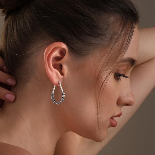 LeCalla 925 Sterling Silver Hoop Earrings - Classic Italian Antique Diamond Cut Textured Earring Hoops | Women's Drop Shape Oval Hoop Earring Jewelry for Women2