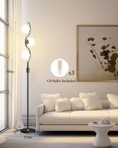 Image of Lightdot 60IN Dimmable Black Floor Lamp Mid Century Standing Lamps with 3Pcs Warm White Bulbs Included Brightness Adjustable Modern Tall Lamp with 5Lbs Heavy Base for Bedroom /Sofa Beside /Corner Decor