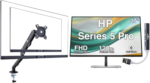 Image of HP Series 5 Pro 27 inch FHD IPS Monitor with 120 Hz 350 Nits, 5ms, Anti-Glare, Flicker Free, VESA Mount (100mm), Adjustable Height, Swivel, Pivot & w /DKZ Hub & ErgoFlexy Single Mount Arm