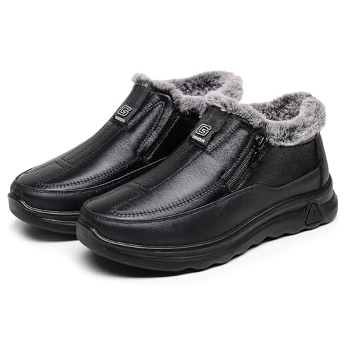 Men's Winter Fleece Waterproof Warm Snow Ankle Boots Zipper Closure Comfortable Fur Lined Lightweight Non-Slip Slip On Outdoor Winter Walking Shoes
