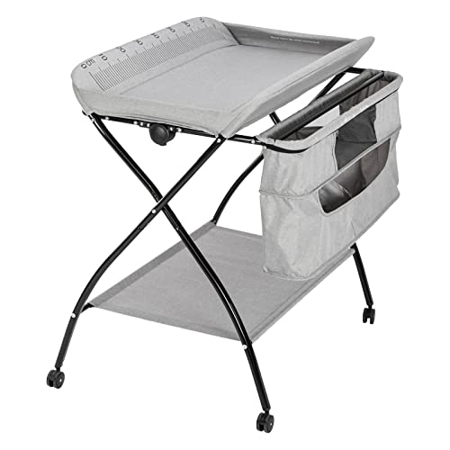 Image of Ktaxon Portable Baby Changing Table, Mobile Nursery Folding Diaper Station with Wheels, Ruler, Large Storage Organizer Rack & Basket for Newborn Infant (Grey)