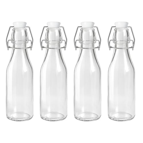 4 Pcs Glass Bottle with Stopper Caps, Carafe Swing Top Bottles with Airtight Lids for Oil, Vinegar,Beer, Water, Milk, Juice, Soda (Round, 250ml) Durable, Reusable Kitchen Storage Bottles