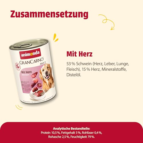 animonda GranCarno Hunde Nassfutter mit Herz (6 x 400 g), getreidefreies Hundenassfutter ohne Zucker, für ausgewachsene Hunde, mit frischen fleischigen Zutaten