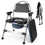 Commode Toilet Chair, Folding Commode Chair with Padded Seat, Height Adjustable Portable Toilet Chair for Elderly, Lightweight Bedside WC Frame with Removable Bucket & Safety Locks for Bedroom & Bathr