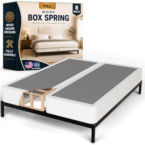 Treaton, Box Spring Bed Base Full Size, 8-Inch Wood Mattress Foundation – Amish Made in USA – Quiet Noise Free, 2-Pieces Under Mattress-Support BoxSpring, Fully Assembled, White