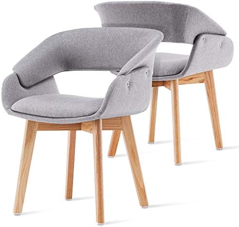 ivinta Modern Living Dining Room Accent Arm Chairs Set of 2 Linen Fabric Mid-Century Upholstered Side Seat Club Guest with Solid Wood Legs (Grey+Cushion)…