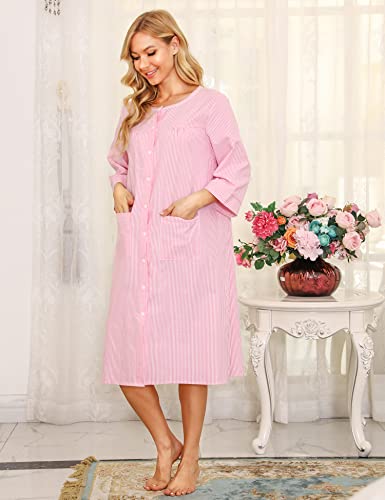 Image of Bloggerlove House Dress Women Cotton Snap Front Nightgown 3 /4 Sleeve Housecoat Duster Robe with Pockets Moomoo Patio Dress