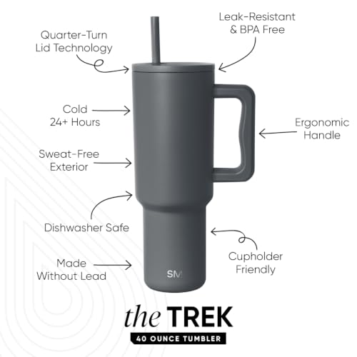 Image of Simple Modern 40 oz Trek Tumbler with Handle and Straw Lid | Cup Holder Friendly Insulated Stainless Steel Travel Mug | Graphite
