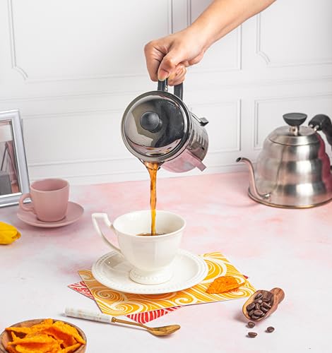 Sipologie Vintage Silver French Press Coffee Maker 1000ml, Silver, 4-Level Filtration, Heat Resistant Borosilicate Glass, Stainless Steel Housing, Measurement Marking, Coffee Spoon, Extra Filter Mesh