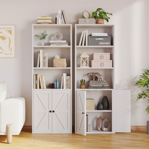 MXV Bookshelf Bookcase with Doors, 5 Tier Wooden Storage Shelves Organizer, Floor Standing Display Cabinet Shelves, Home Decor Furniture for Home Office, Living Room, Bedroom, White