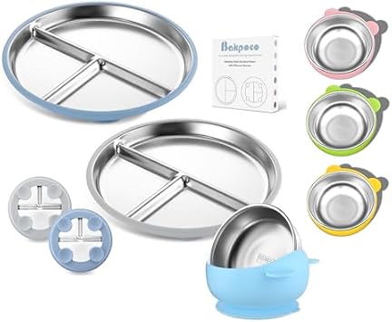 Bakpoco 9" Stainless Steel Toddler Plate with Removable Suction Airy Blue & Gray 2-Pack, 2-in-1 SUS304 Toddlers Bowl & Removable Silicone Suction Kids Bowls 4 Vibrant Color Set