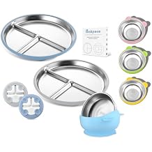Bakpoco 9" Stainless Steel Toddler Plate with Removable Suction Airy Blue & Gray 2-Pack, 2-in-1 SUS304 Toddlers Bowl & Removable Silicone Suction Kids Bowls 4 Vibrant Color Set