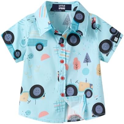 LittleSpring Boys Hawaiian Button Down Shirts Short Sleeve Cartoon Summer Casual Shirt