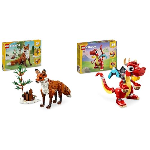 LEGO Creator Waldtiere: Rotfuchs, Tiere-Set & Creator 3in1 Roter Drache, Spielzeug mit 3 Tierfiguren