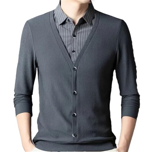 Men's Striped Button Sweaters Formal Fake Two Pieces Pullover Tops Long Sleeve Casual Jumper