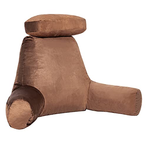 COSTWAY Reading Pillow, Shredded Memory Foam Bed Rest Pillow Back Lumbar Support Cushion with Detachable Neck Roll, Removable Microplush Cover and Pockets, Ultra-comfy Relaxing Sit Up Pillow (Brown)