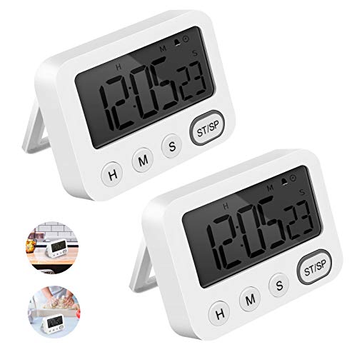 E-More Temporizador y Reloj 2 en 1 Digital Temporizador de Cocina, Temporizador de 24 Horas Reloj Despertador con Pantalla LCD de Gran Tamaño, Fuerte Imanes, Retráctil Soporte, Fuerte Alarma, 2 piezas