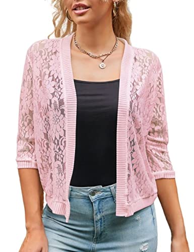 Image of Xunger Women's 3 /4 Sleeve Lace Cardigan Casual Open Front Floral Lace Shrug Summer Cover Up