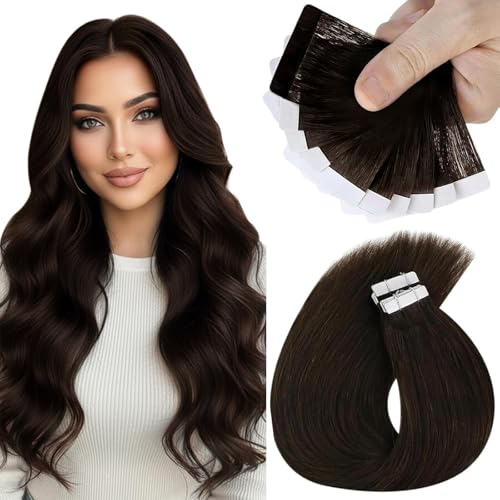 Sunny Hair Tape in Hair Extensions Real Human Hair Invisible Remy Hair Extensions Tape ins for Women Darkest Brown 12 inch 20G