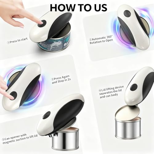 Rechargeable Electric Can Opener for Elderly & Arthritis - Automatic One-Touch Operation with Smooth Edge Cutting, Lid Remover, Food-Safe Stainless Steel Blade, Easy Hands-Free Use, Black - Image 5